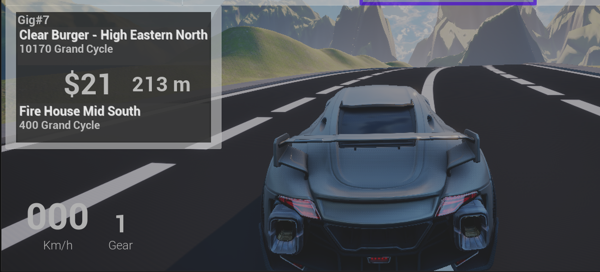 Alpha development screenshot. Rectangle at top left describing two locations, distance and dollar amount. Middle right is a car. Bottom left is a basic reading of speed and 1st gear.
